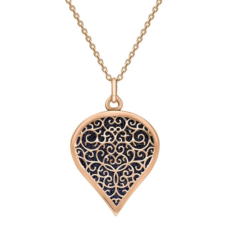 9ct Rose Gold Blue Goldstone Flore Filigree Large Heart Necklace