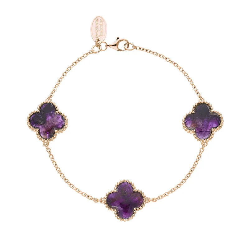 9ct Rose Gold Blue John Bloom Four Leaf Clover Ball Edge Chain Bracelet