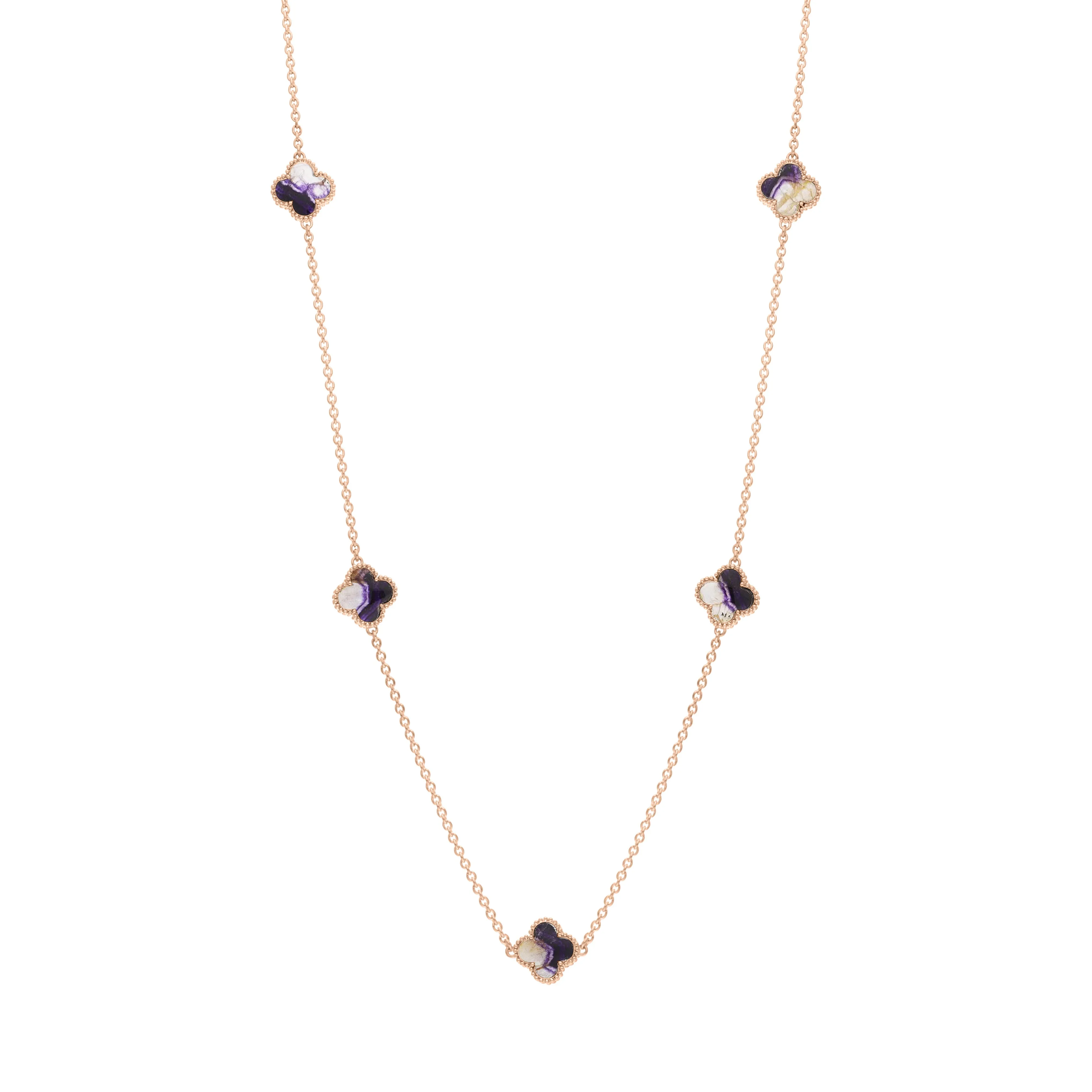 9ct Rose Gold Blue John Bloom Four Leaf Clover Ball Edge Necklace