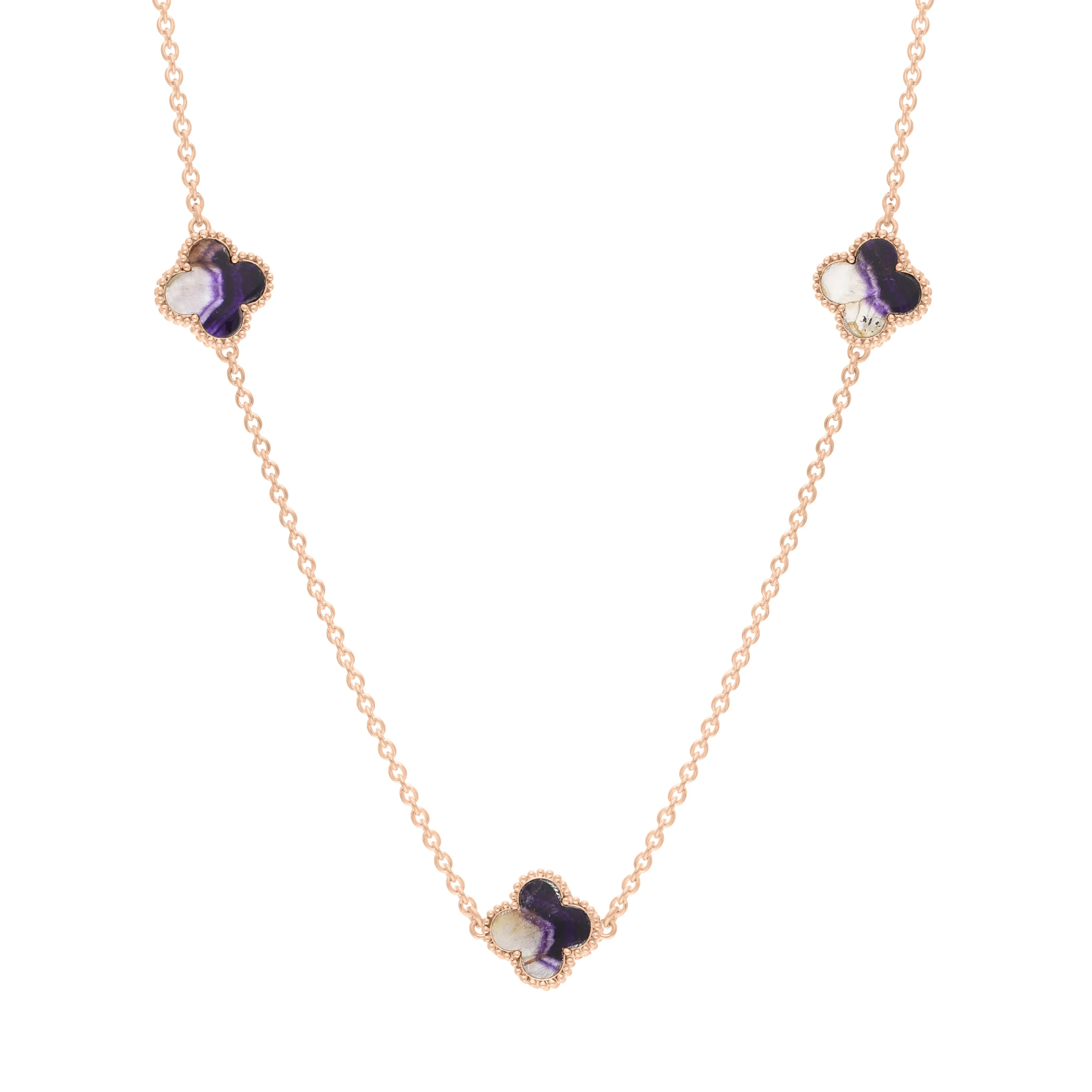 9ct Rose Gold Blue John Bloom Four Leaf Clover Ball Edge Necklace