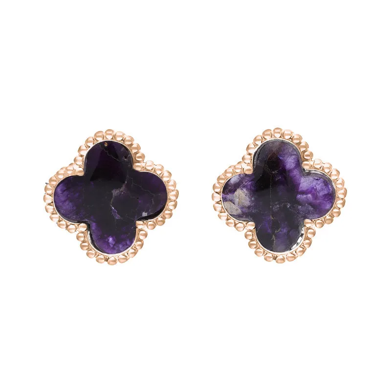 9ct Rose Gold Blue John Bloom Four Leaf Clover Ball Edge Stud Earrings