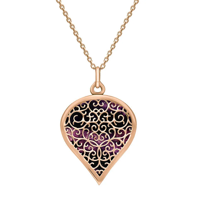 9ct Rose Gold Blue John Flore Filigree Large Heart Necklace