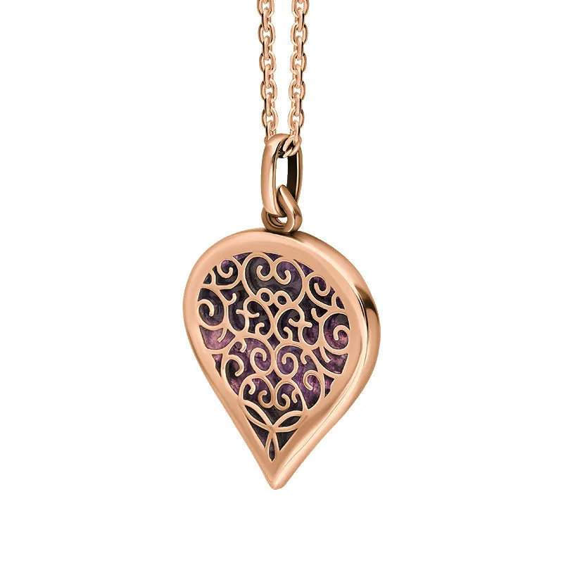 9ct Rose Gold Blue John Flore Filigree Medium Heart Necklace