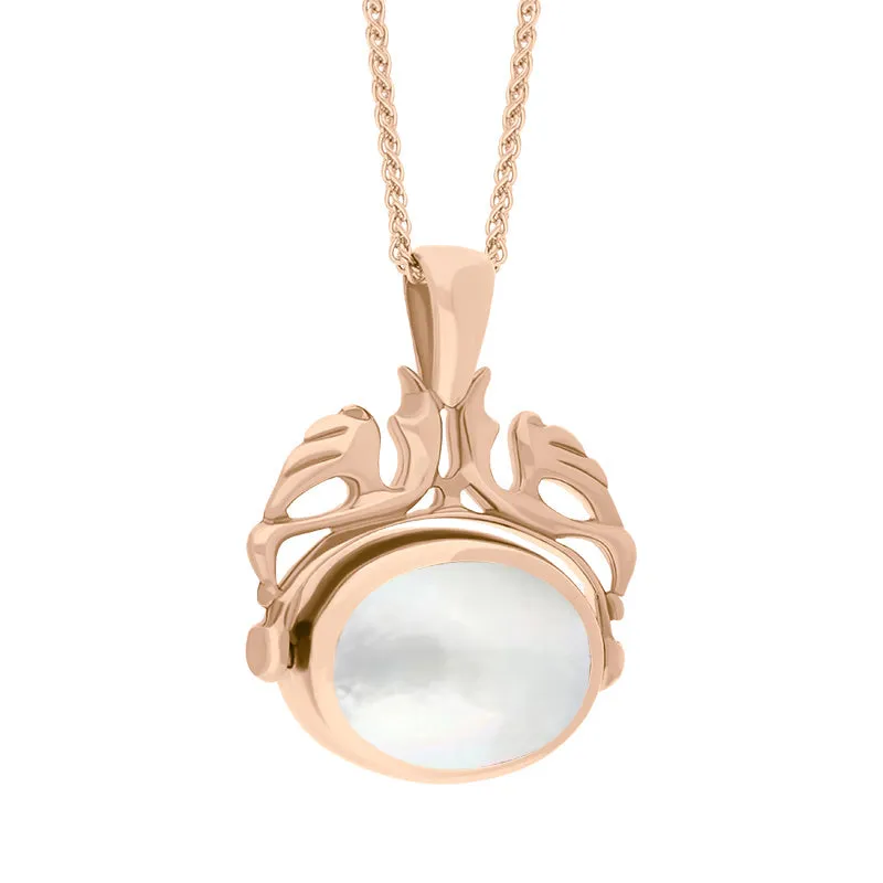 9ct Rose Gold Blue John Mother Of Pearl Double Sided Oval Swivel Fob Necklace