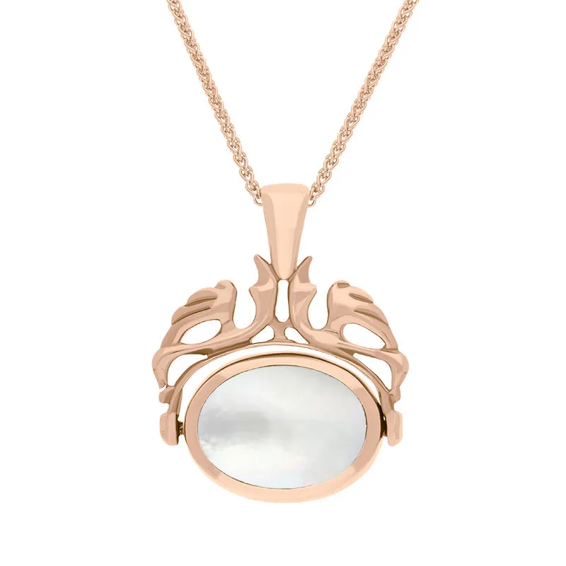 9ct Rose Gold Blue John Mother Of Pearl Double Sided Oval Swivel Fob Necklace