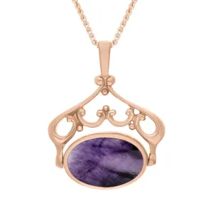 9ct Rose Gold Blue John Mother Of Pearl Double Sided Oval Swivel Fob Necklace