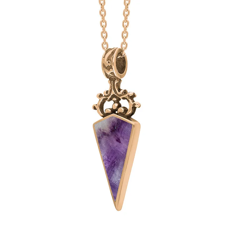 9ct Rose Gold Blue John Mother Of Pearl Double Sided Scroll Dagger Fob Necklace