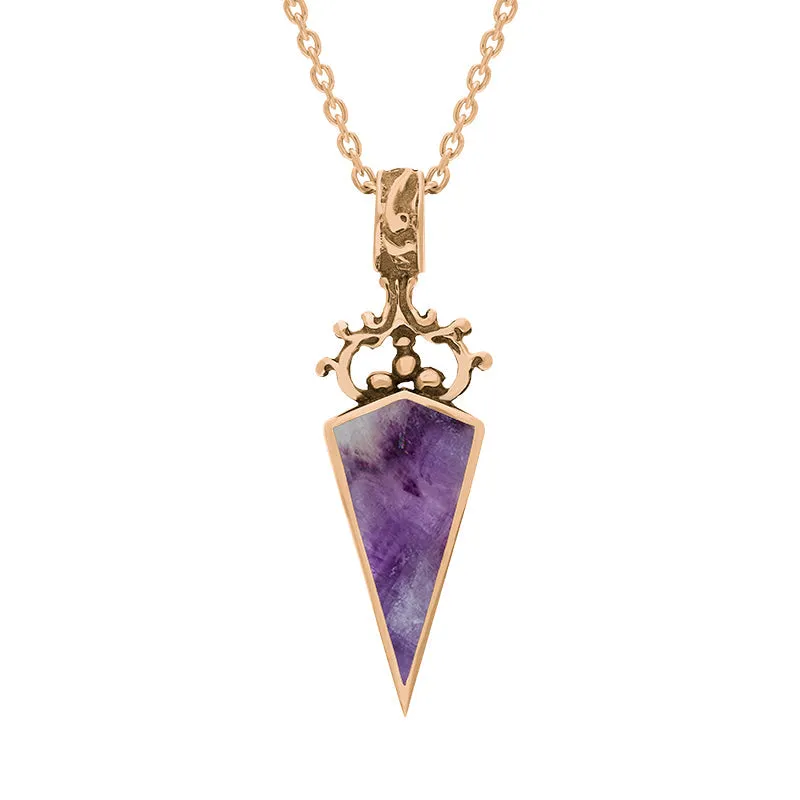 9ct Rose Gold Blue John Mother Of Pearl Double Sided Scroll Dagger Fob Necklace