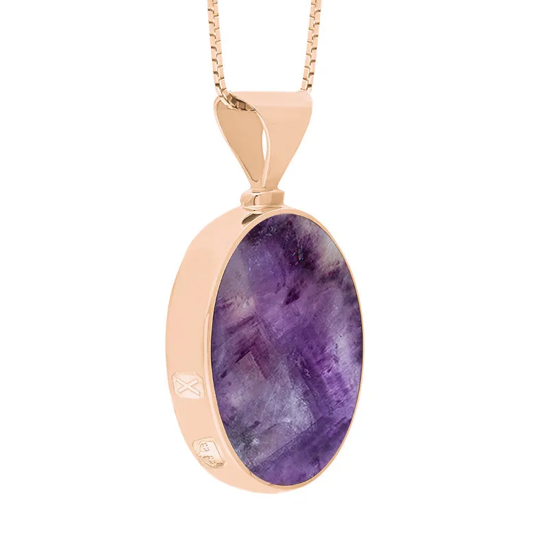 9ct Rose Gold Blue John Mother of Pearl Hallmark Double Sided Oval Necklace