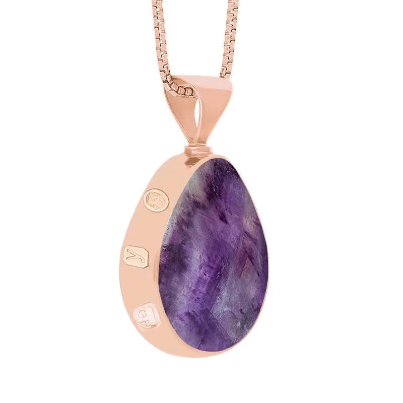 9ct Rose Gold Blue John Mother of Pearl King's Coronation Hallmark Double Sided Pear-shaped Necklace D