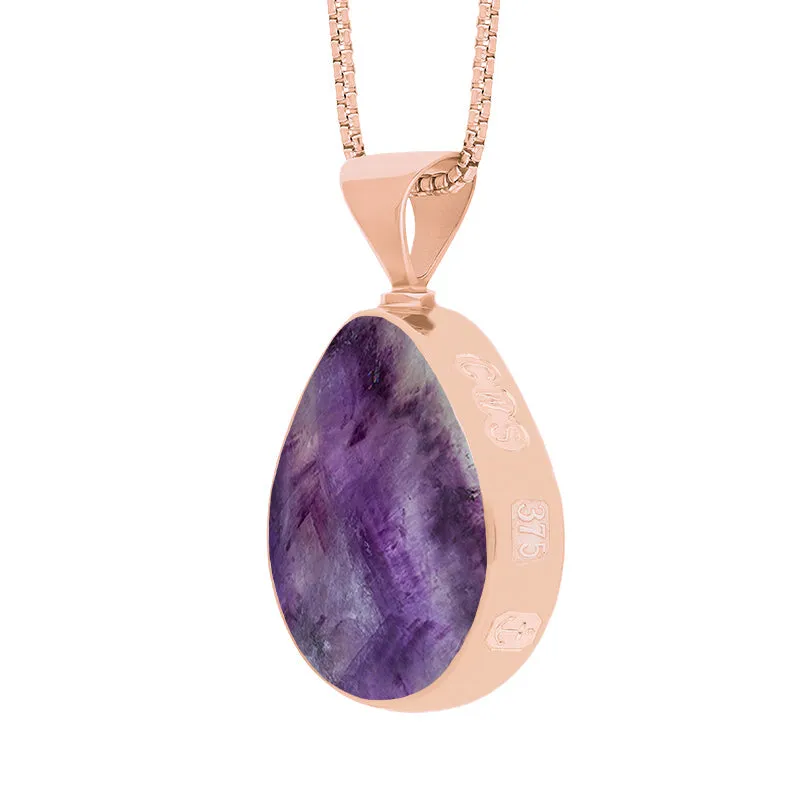 9ct Rose Gold Blue John Mother of Pearl King's Coronation Hallmark Double Sided Pear-shaped Necklace D