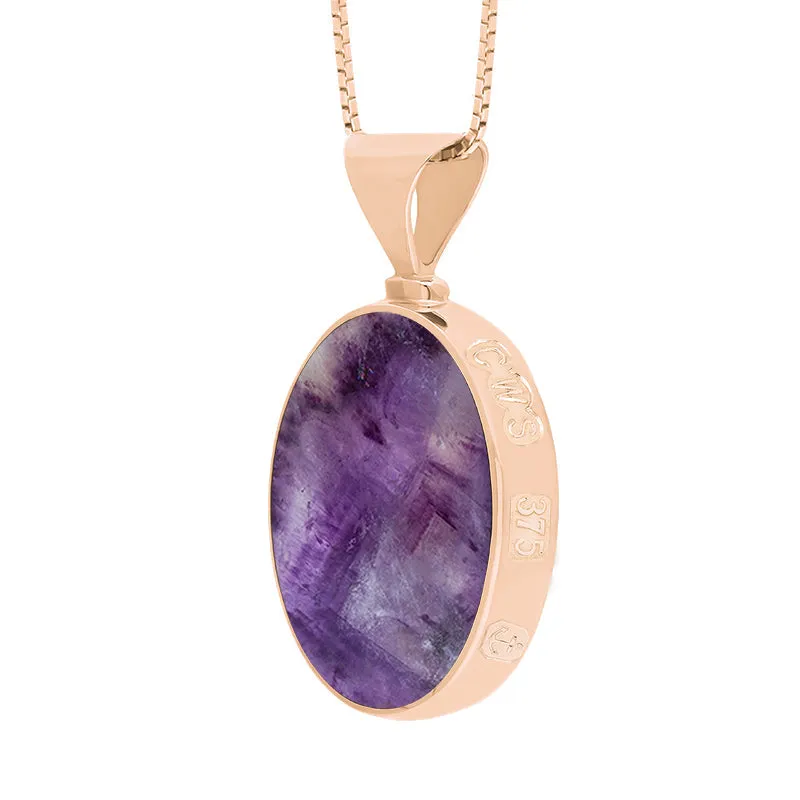 9ct Rose Gold Blue John Mother of Pearl Queens Jubilee Hallmark Double Sided Oval Necklace D
