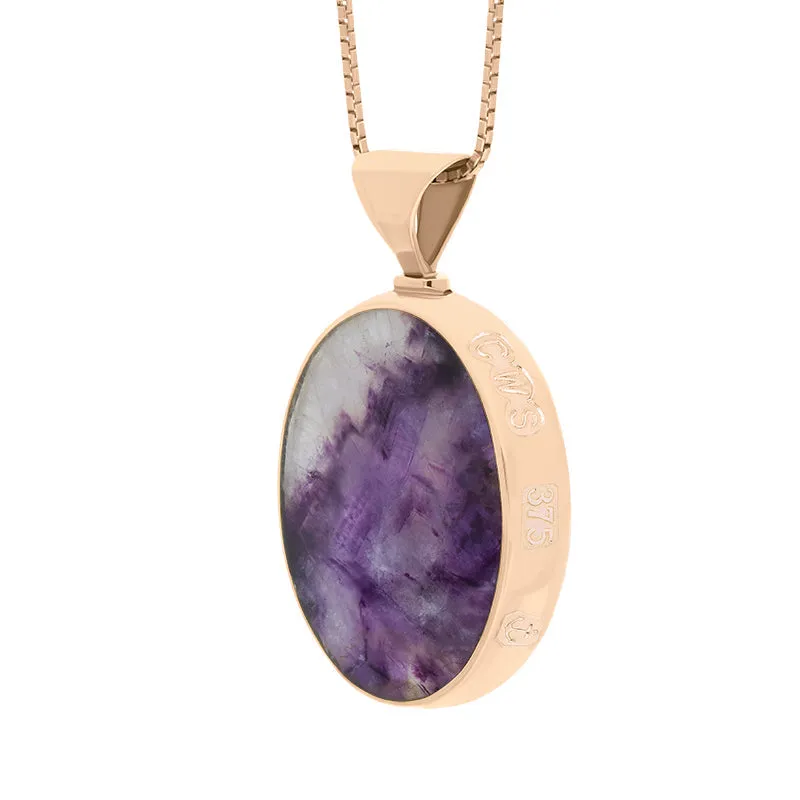 9ct Rose Gold Blue John Mother of Pearl Queens Jubilee Hallmark Double Sided Oval Necklace D