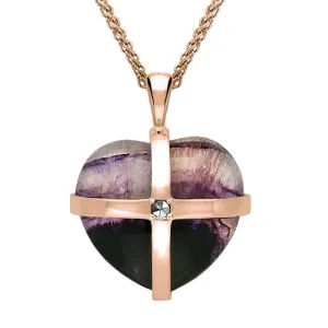 9ct Rose Gold Blue John One Marcasite Medium Cross Heart Necklace