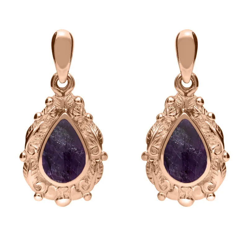 9ct Rose Gold Blue John Pear Shaped Leaf Drop Earrings