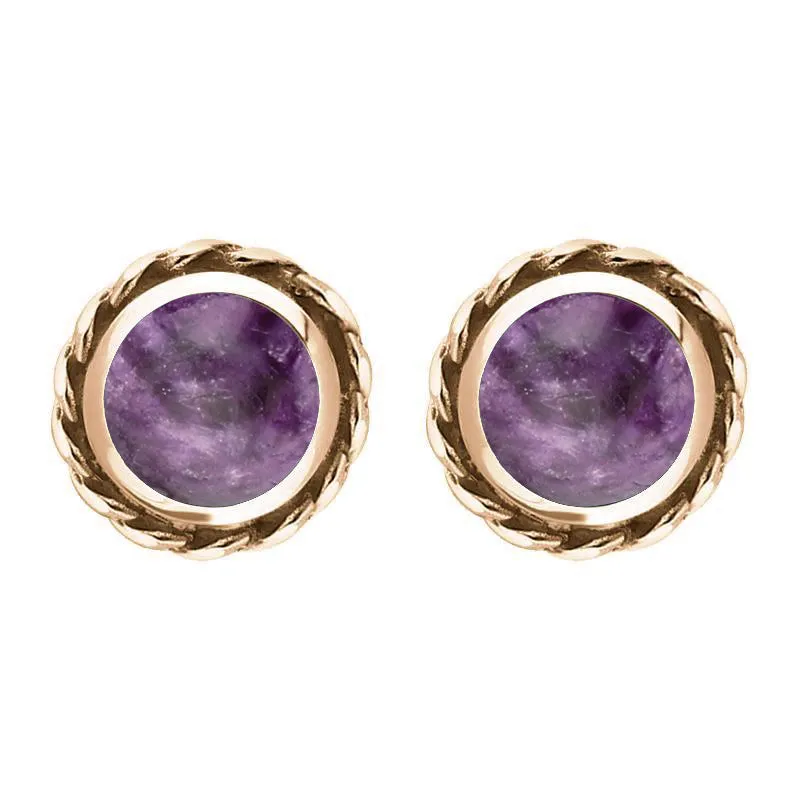 9ct Rose Gold Blue John Round Twist Edge Stud Earrings
