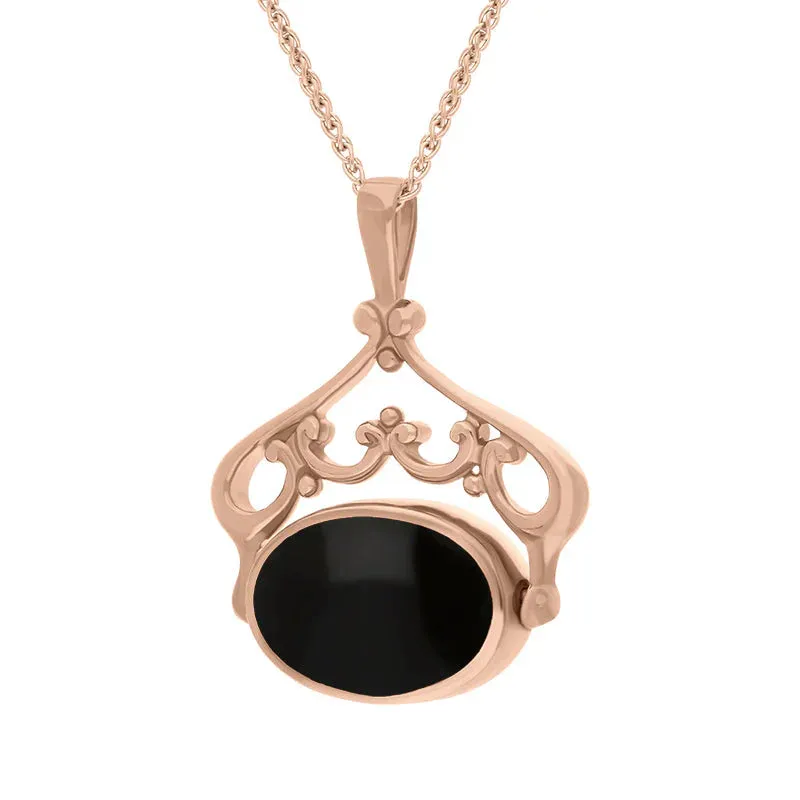 9ct Rose Gold Blue John Whitby Jet Double Sided Oval Swivel Fob Necklace