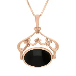 9ct Rose Gold Blue John Whitby Jet Double Sided Oval Swivel Fob Necklace
