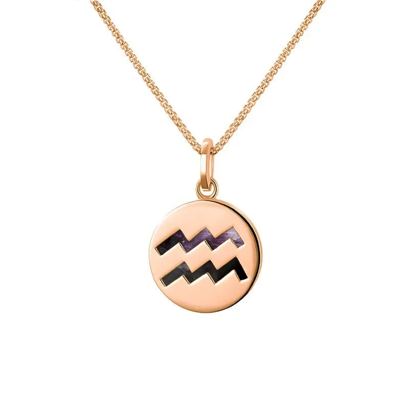 9ct Rose Gold Blue John  Zodiac Aquarius Round Necklace