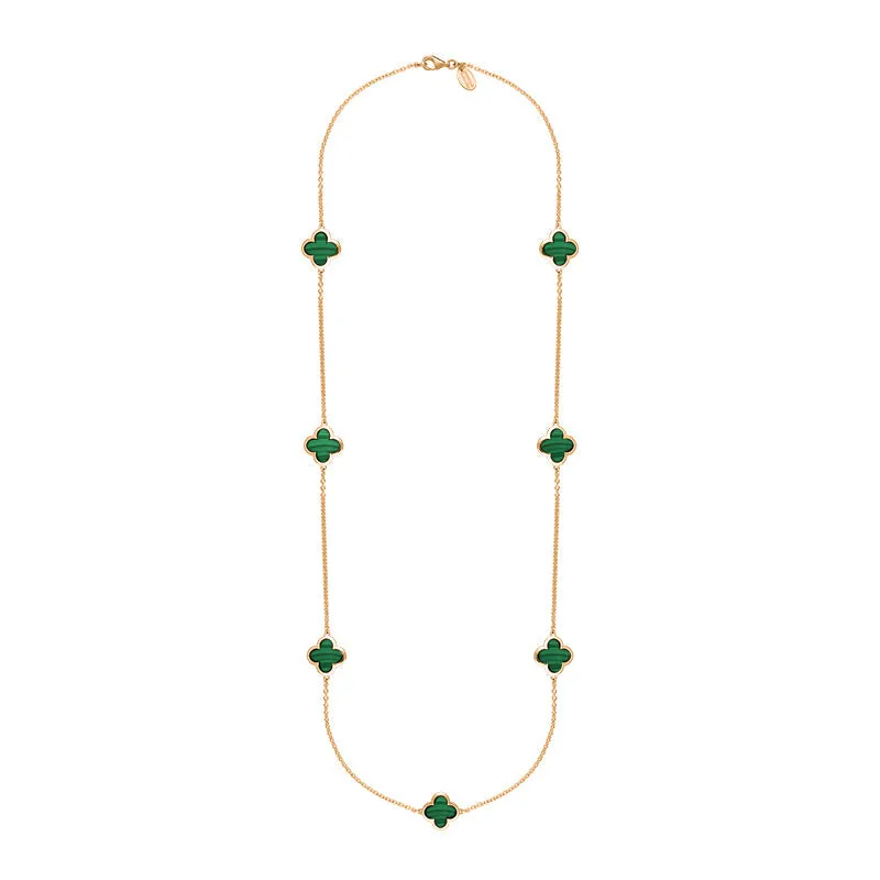 9ct Rose Gold Malachite Bloom Four Leaf Clover Long Necklace