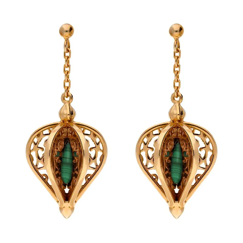 9ct Rose Gold Malachite Flore Filigree Drop Earrings