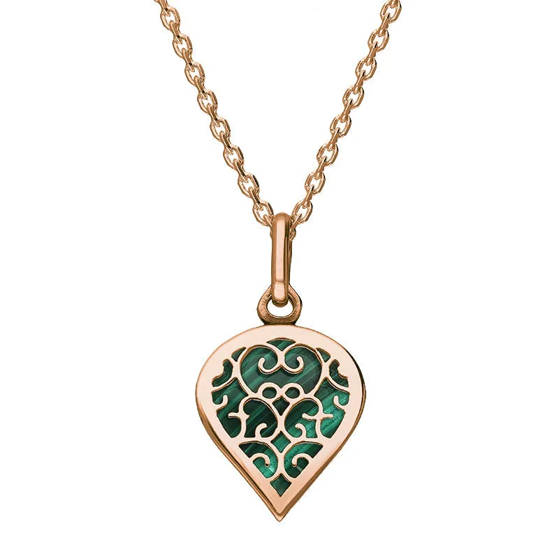 9ct Rose Gold Malachite Flore Filigree Small Heart Necklace