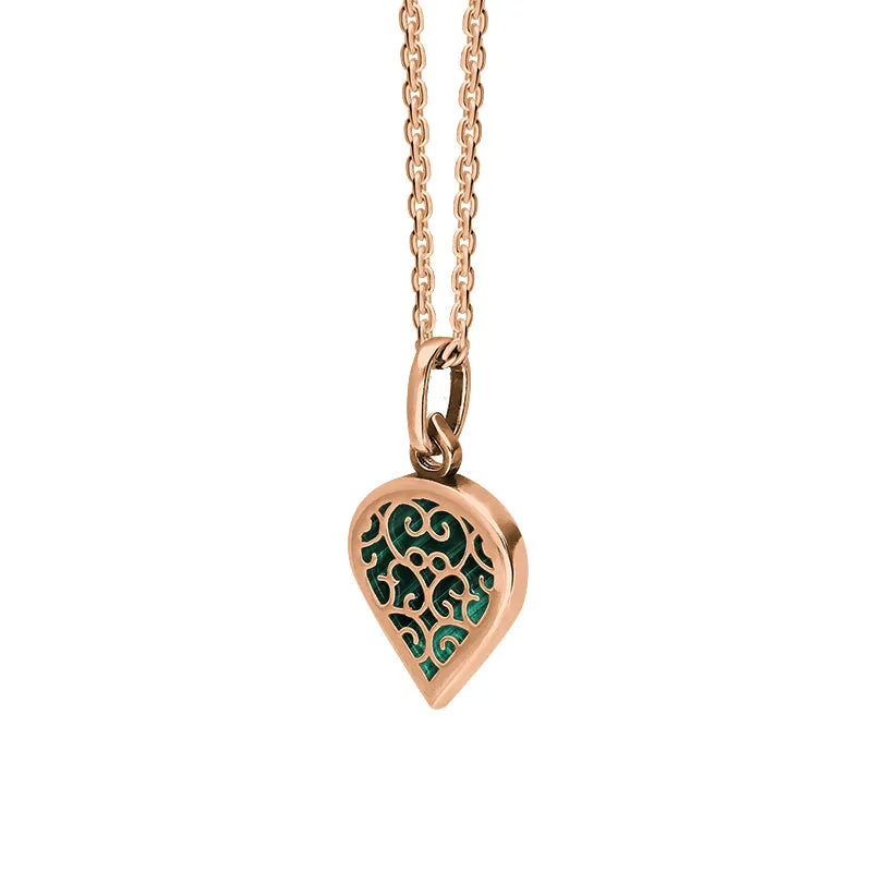 9ct Rose Gold Malachite Flore Filigree Small Heart Necklace