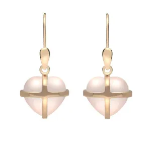 9ct Rose Gold Rose Quartz Small Cross Heart Drop Earrings