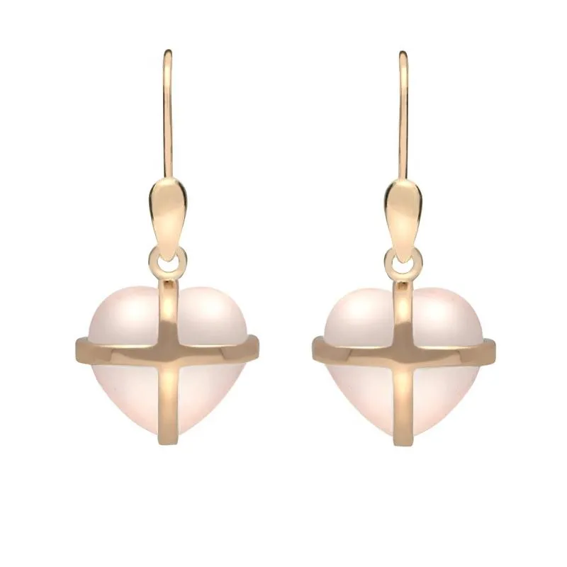 9ct Rose Gold Rose Quartz Small Cross Heart Drop Earrings
