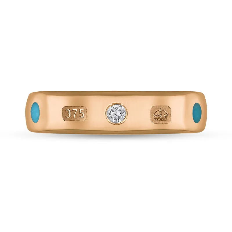 9ct Rose Gold Turquoise 0.08ct Diamond Queen's Jubilee Hallmark 5mm Ring D