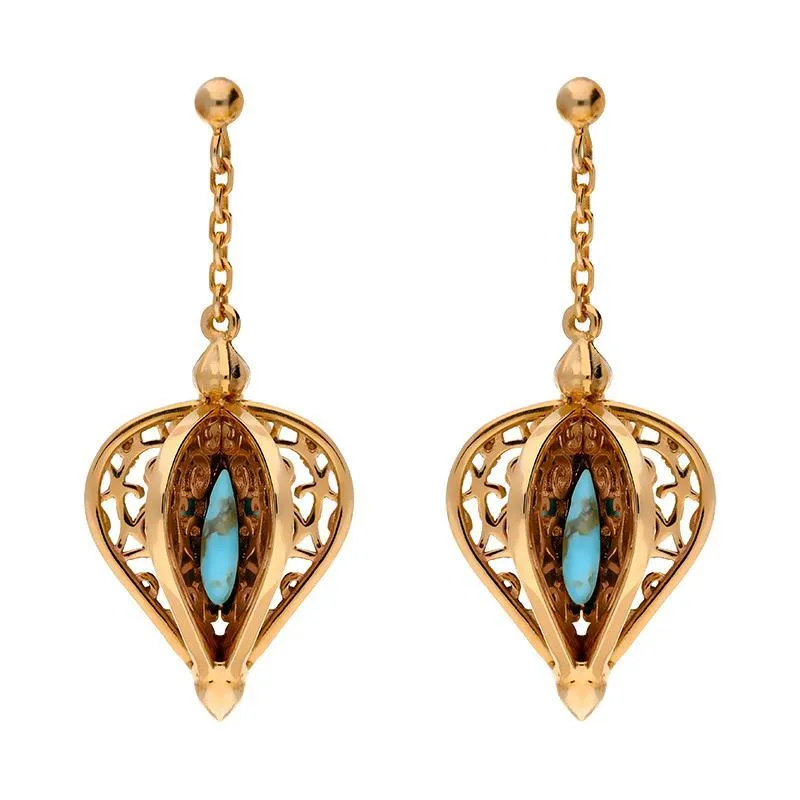9ct Rose Gold Turquoise Flore Filigree Drop Earrings