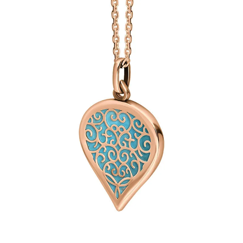9ct Rose Gold Turquoise Flore Filigree Medium Heart Necklace