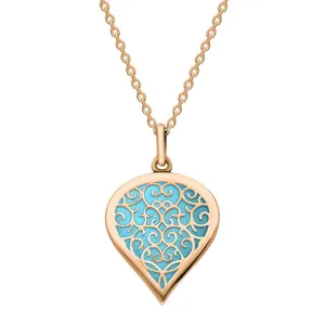 9ct Rose Gold Turquoise Flore Filigree Medium Heart Necklace