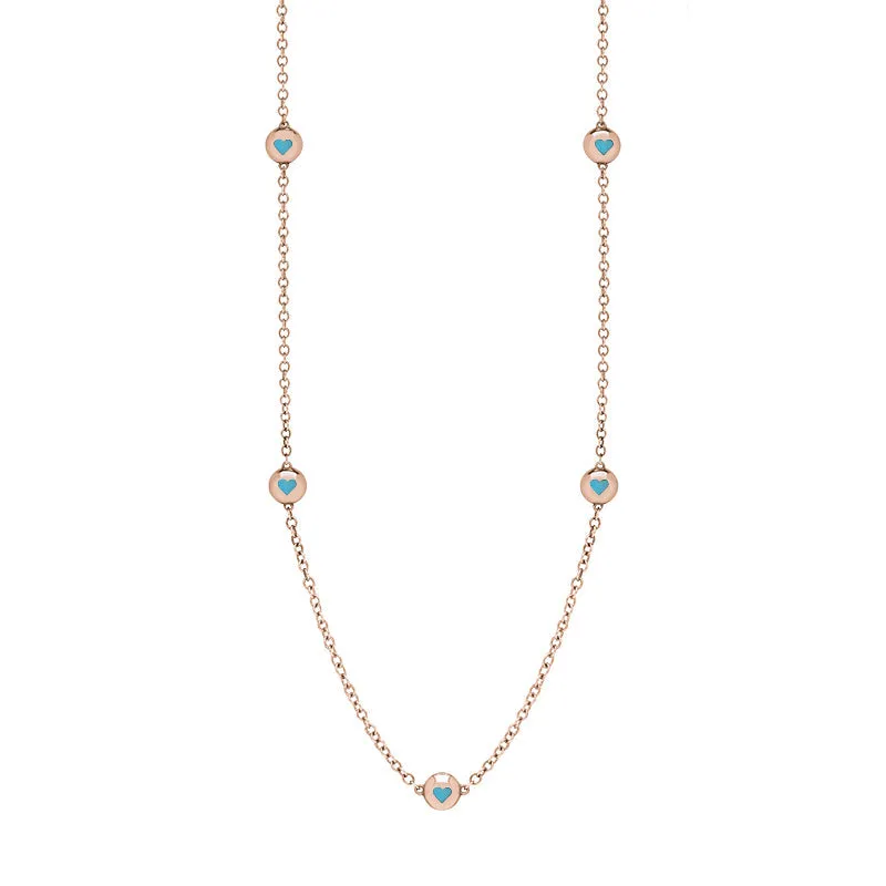 9ct Rose Gold Turquoise Heart Link Disc Chain Necklace
