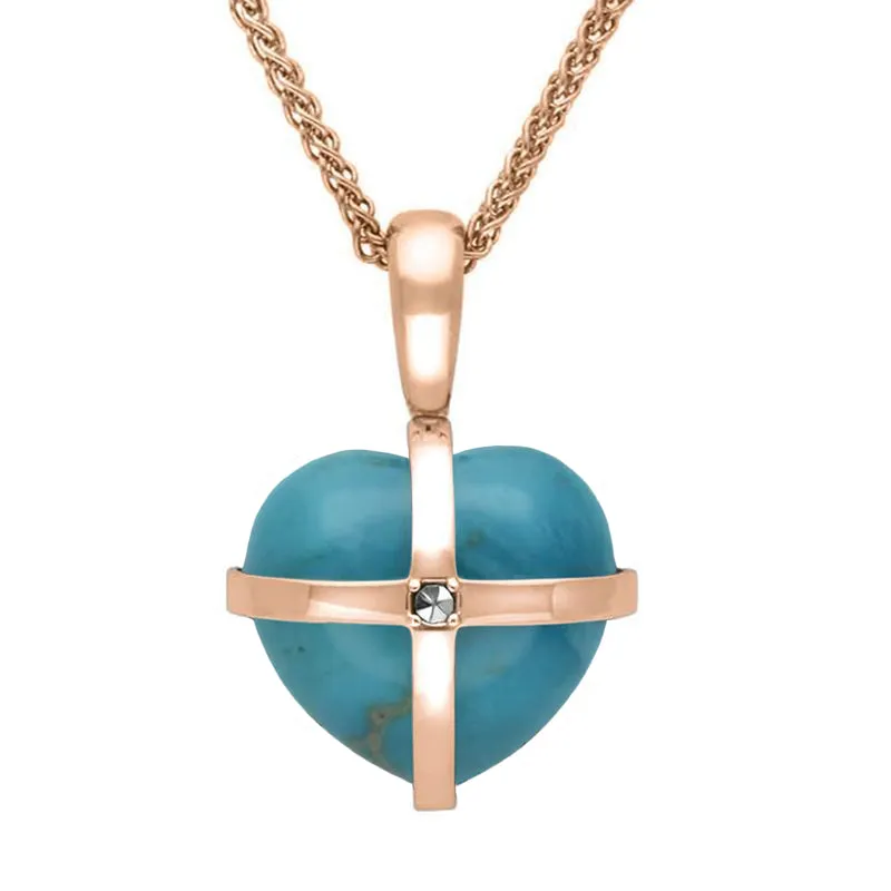 9ct Rose Gold Turquoise Marcasite Small Cross Heart Necklace