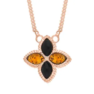 9ct Rose Gold Whitby Jet And Amber Eden Small Marquise Flower Necklace
