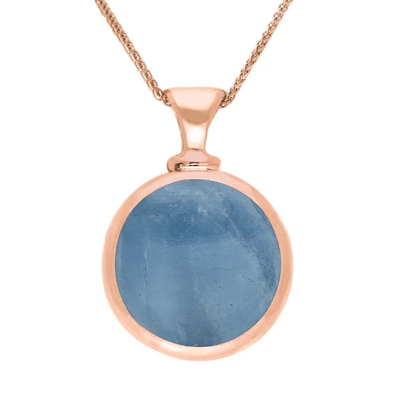 9ct Rose Gold Whitby Jet Aquamarine Double Sided Round Dinky Fob Necklace