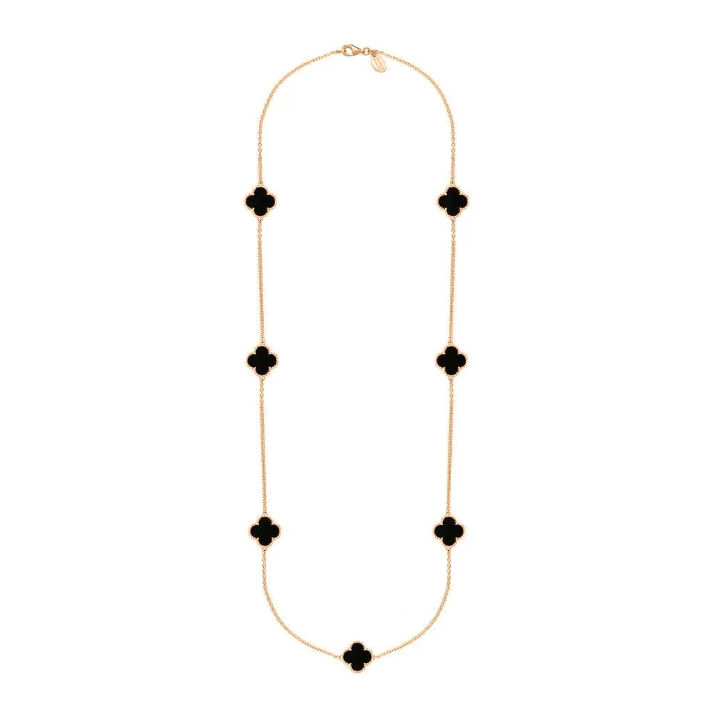 9ct Rose Gold Whitby Jet Bloom Four Leaf Clover Ball Edge Long Necklace