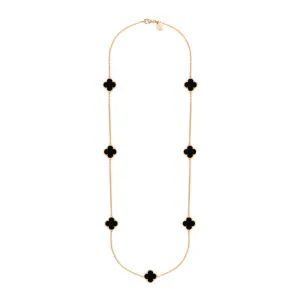 9ct Rose Gold Whitby Jet Bloom Four Leaf Clover Ball Edge Long Necklace