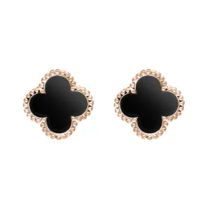9ct Rose Gold Whitby Jet Bloom Four Leaf Clover Ball Edge Stud Earrings