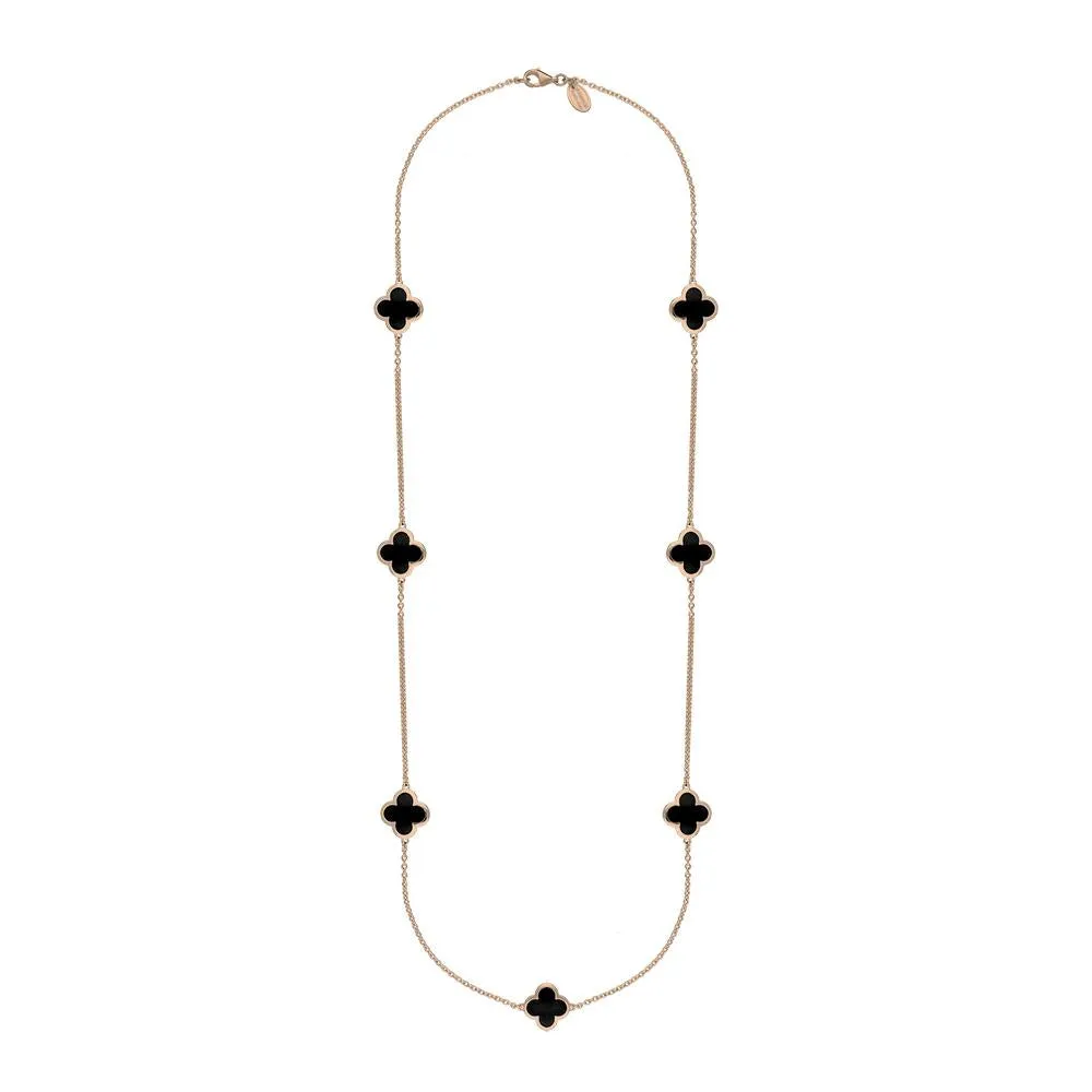 9ct Rose Gold Whitby Jet Bloom Four Leaf Clover Long Necklace