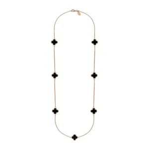 9ct Rose Gold Whitby Jet Bloom Four Leaf Clover Long Necklace