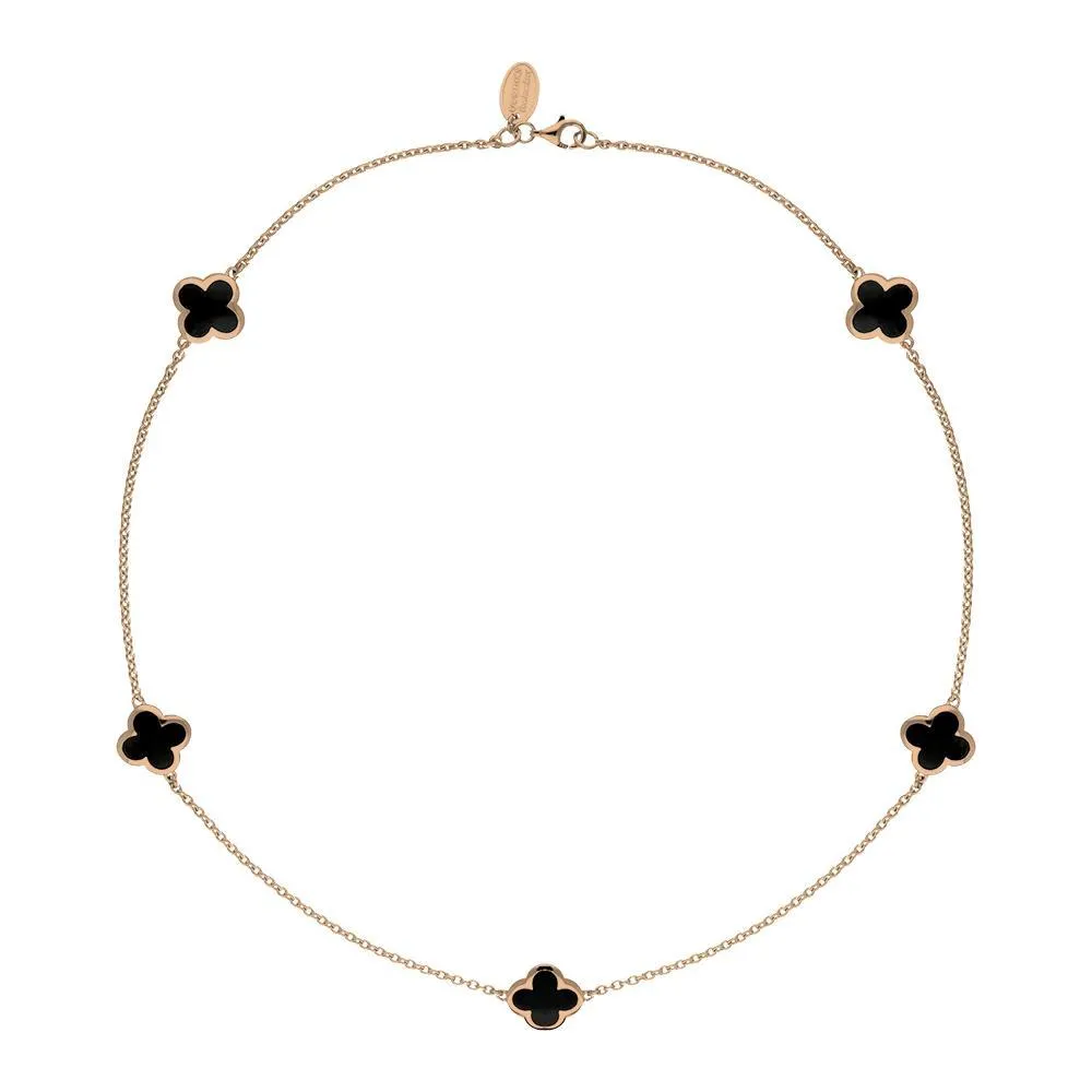 9ct Rose Gold Whitby Jet Bloom Four Leaf Clover Necklace