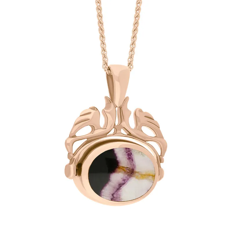 9ct Rose Gold Whitby Jet Blue John Double Sided Oval Swivel Fob Necklace