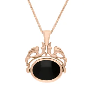 9ct Rose Gold Whitby Jet Blue John Double Sided Oval Swivel Fob Necklace