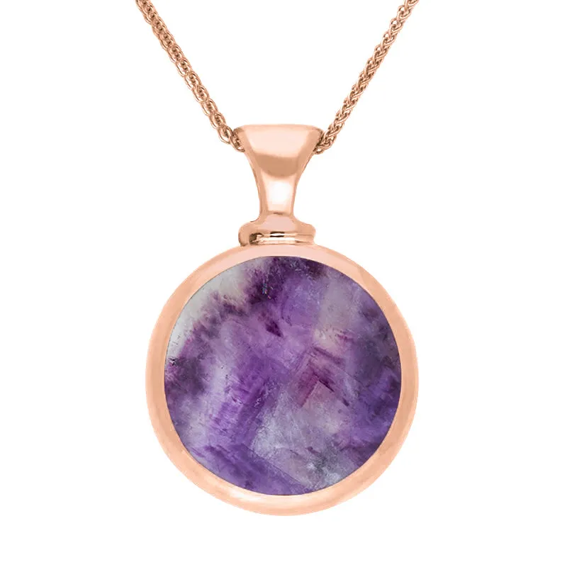 9ct Rose Gold Whitby Jet Blue John Double Sided Round Dinky Fob Necklace