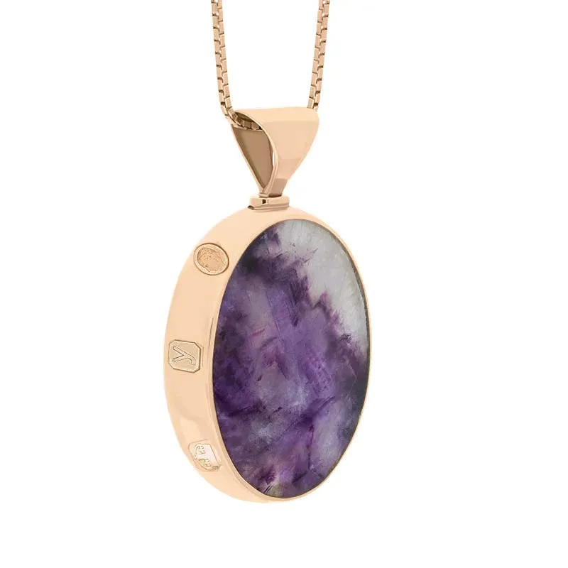 9ct Rose Gold Whitby Jet Blue John King's Coronation Hallmark Double Sided Oval Necklace D