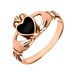 9ct Rose Gold Whitby Jet Claddagh Set Ring
