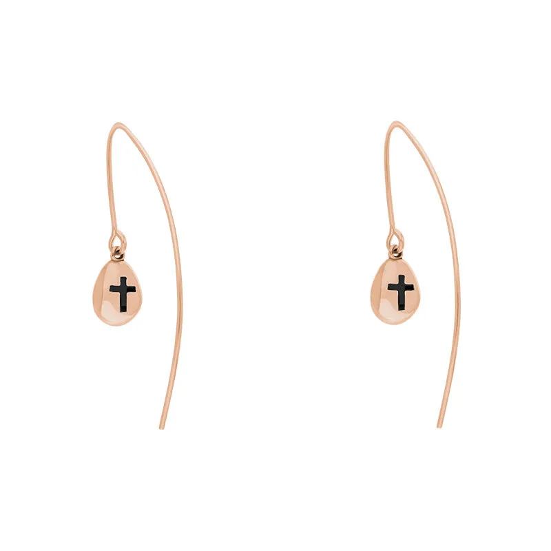 9ct Rose Gold Whitby Jet Cross Disc Drop Earrings