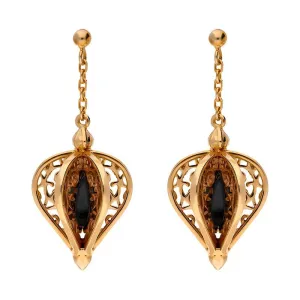 9ct Rose Gold Whitby Jet Flore Filigree Drop Earrings